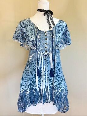 Vintage Y2K fairy boho grunge floral paisley lace blue tunic blouse festival XL